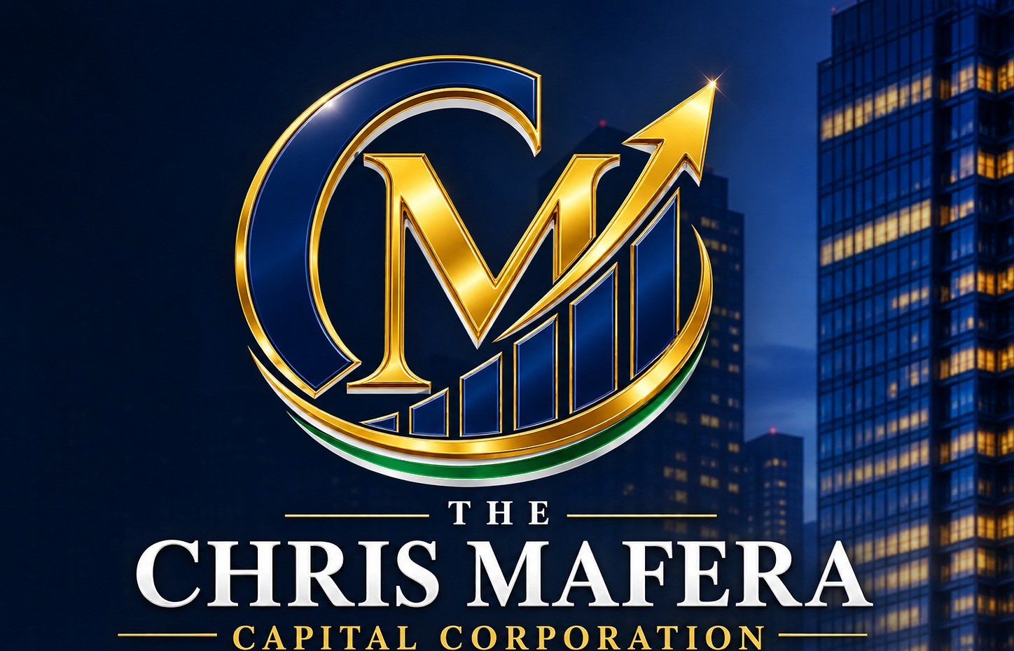 The Chris Mafera Capital Corporation gold and navy CM growth-arrow emblem and company name